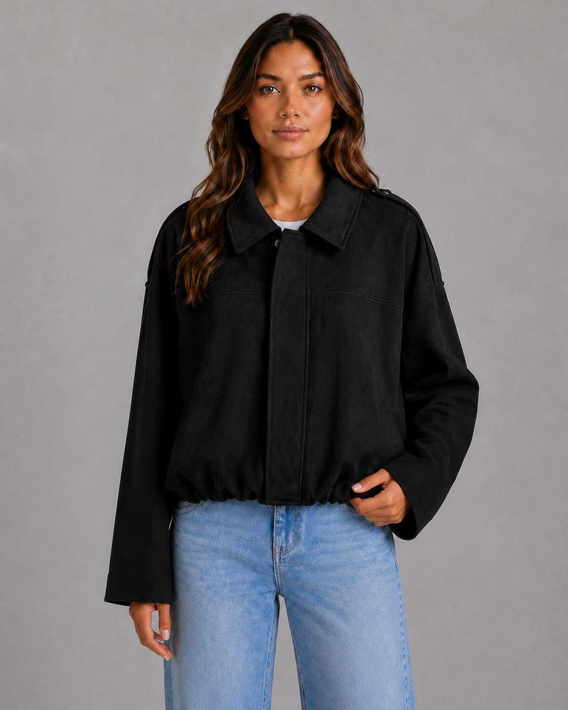 Women's Faux Suede Bomber Jacket - Oversized Fit