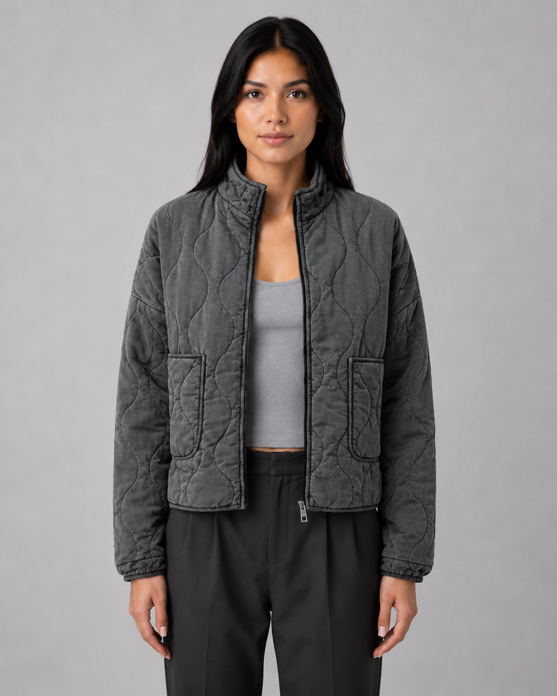 Women's Quilted Jacket with High Collar & Relaxed Fit