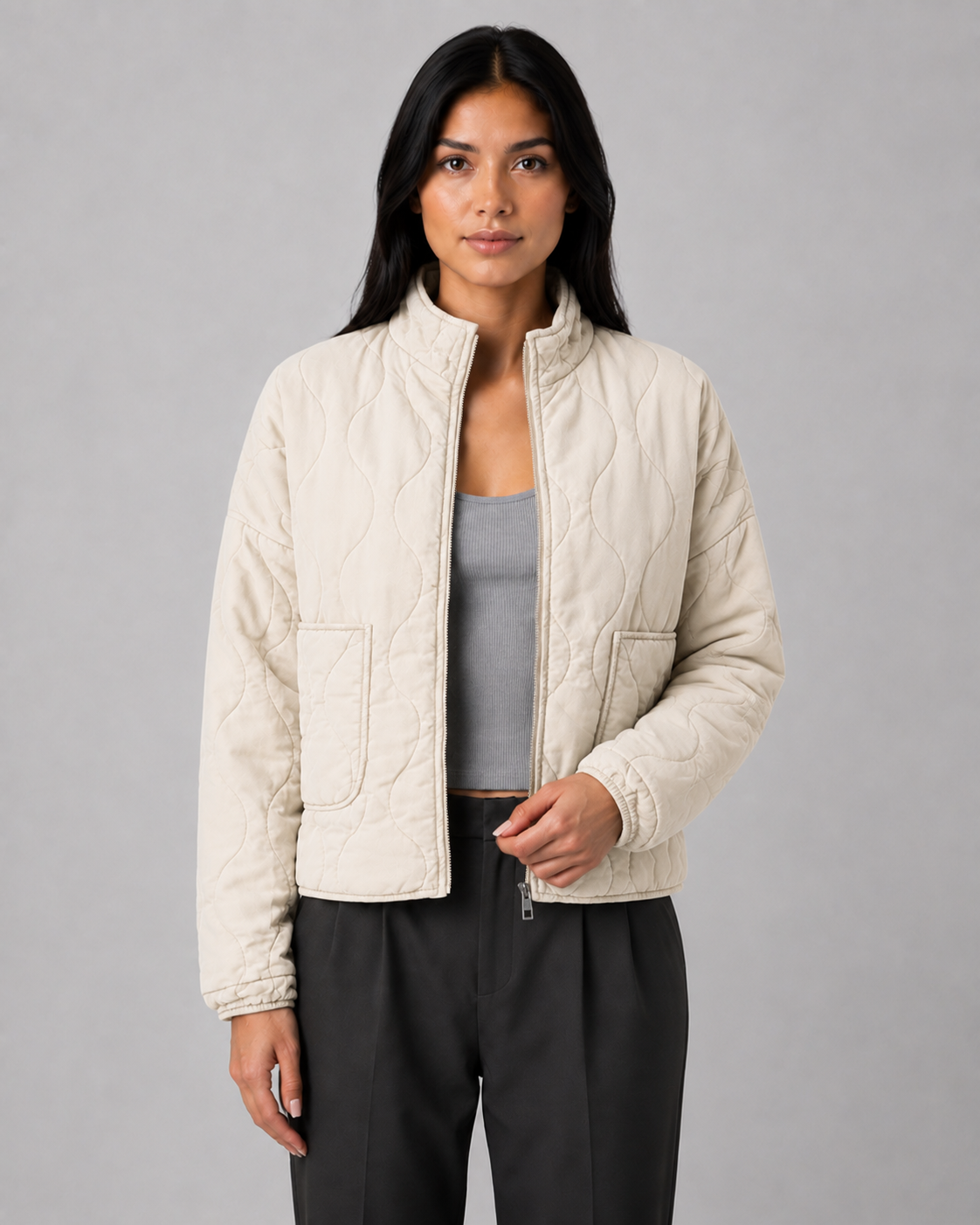 Women's Quilted Jacket with High Collar & Relaxed Fit