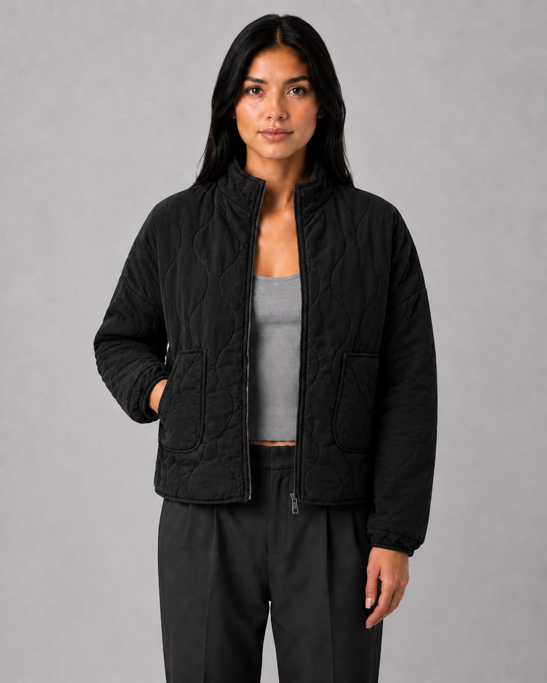 Women's Quilted Jacket with High Collar & Relaxed Fit