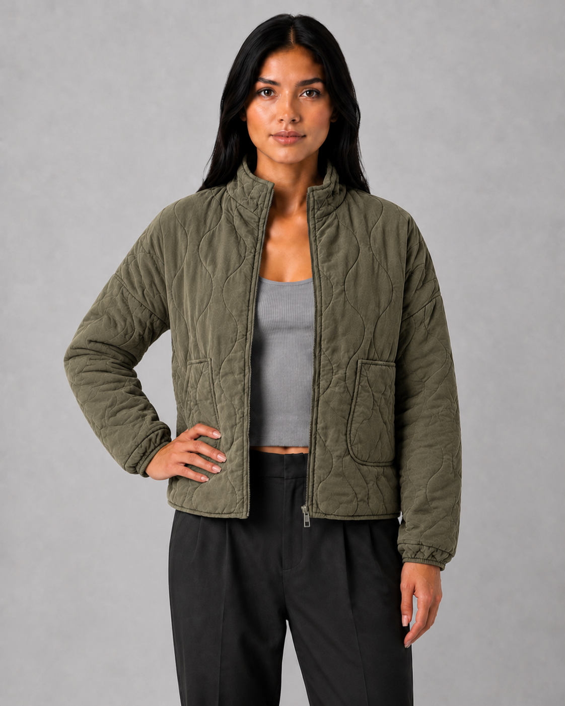 Women's Quilted Jacket with High Collar & Relaxed Fit