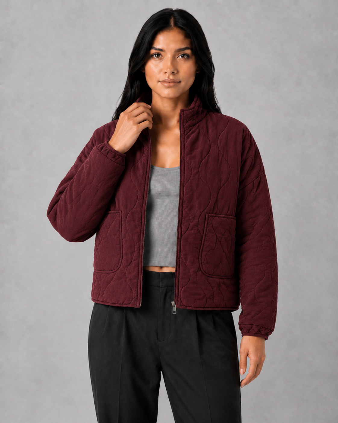 Women's Quilted Jacket with High Collar & Relaxed Fit