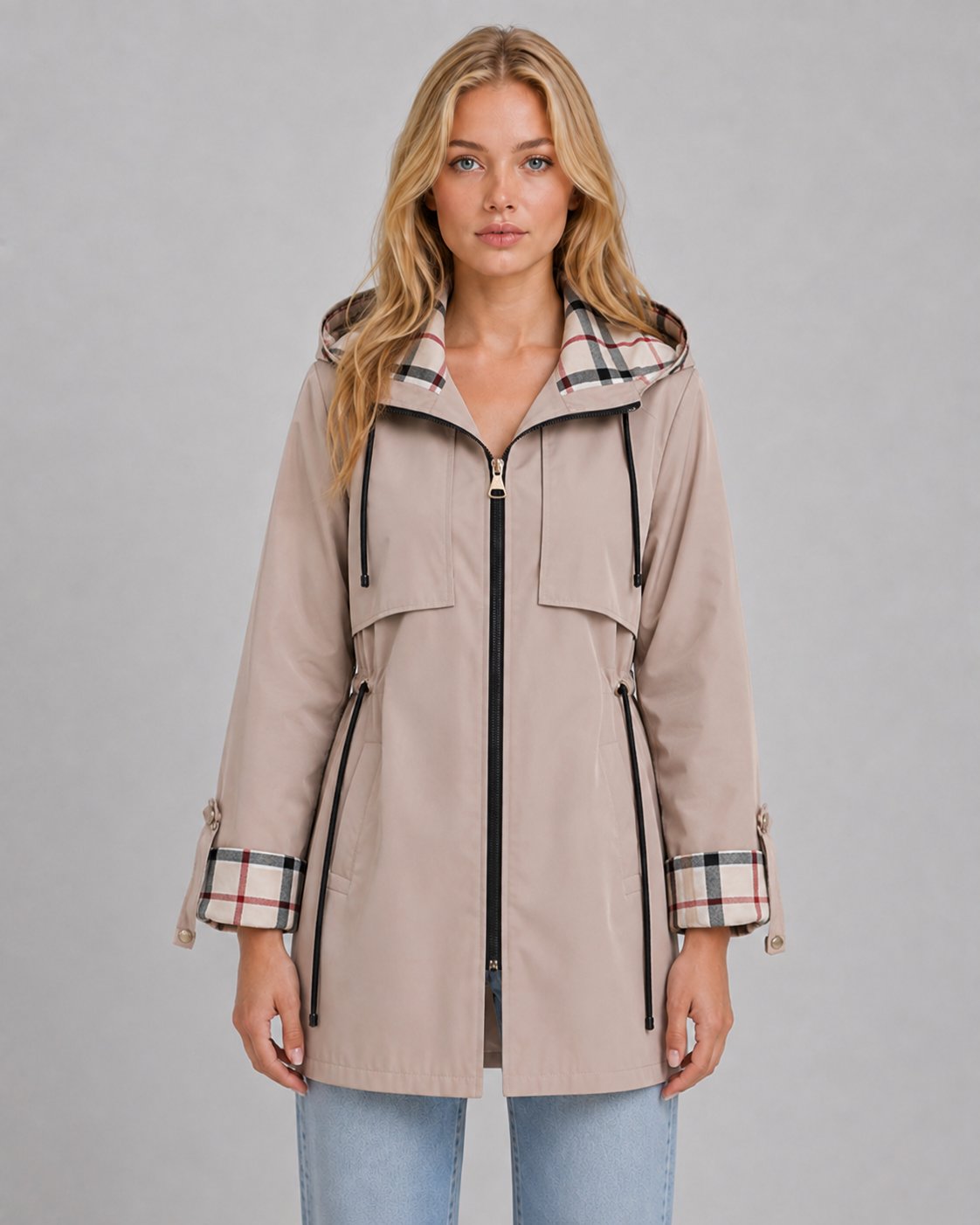 Women's Lightweight Hooded Rain Jacket with Longline Fit & Zip Front