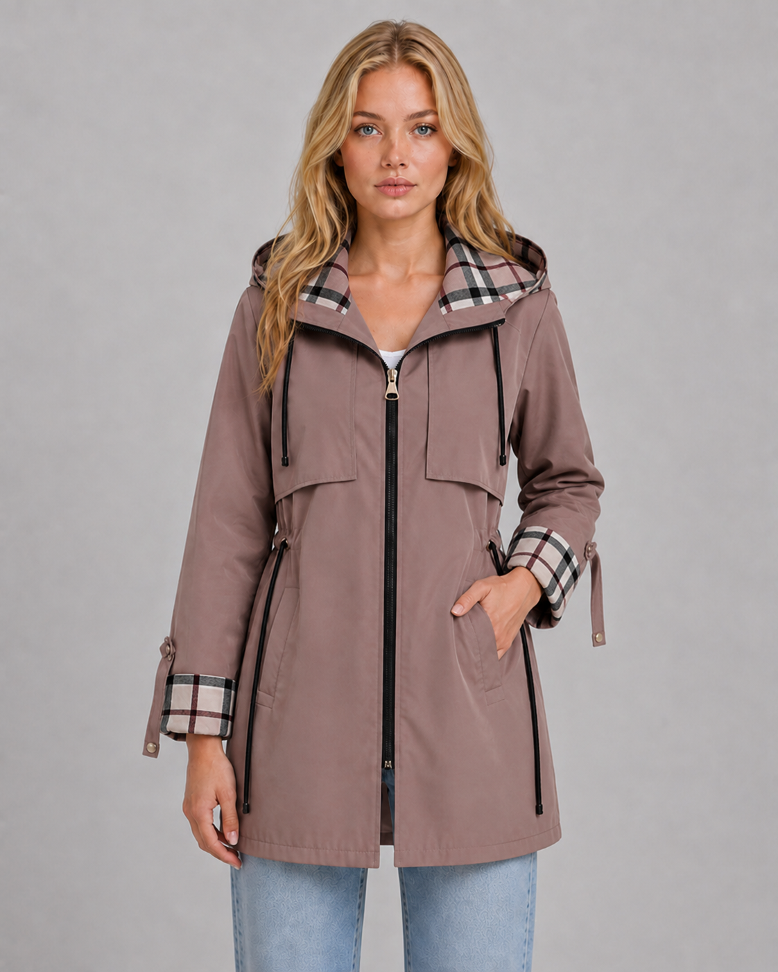 Women's Lightweight Hooded Rain Jacket with Longline Fit & Zip Front