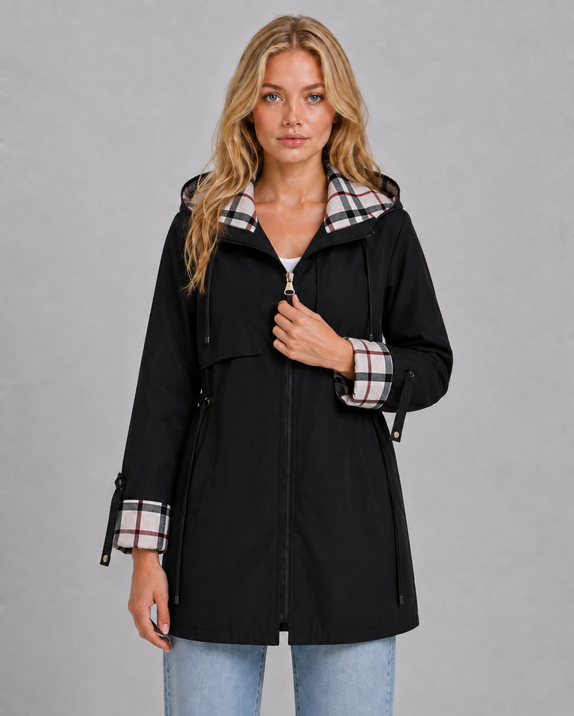Women's Lightweight Hooded Rain Jacket with Longline Fit & Zip Front