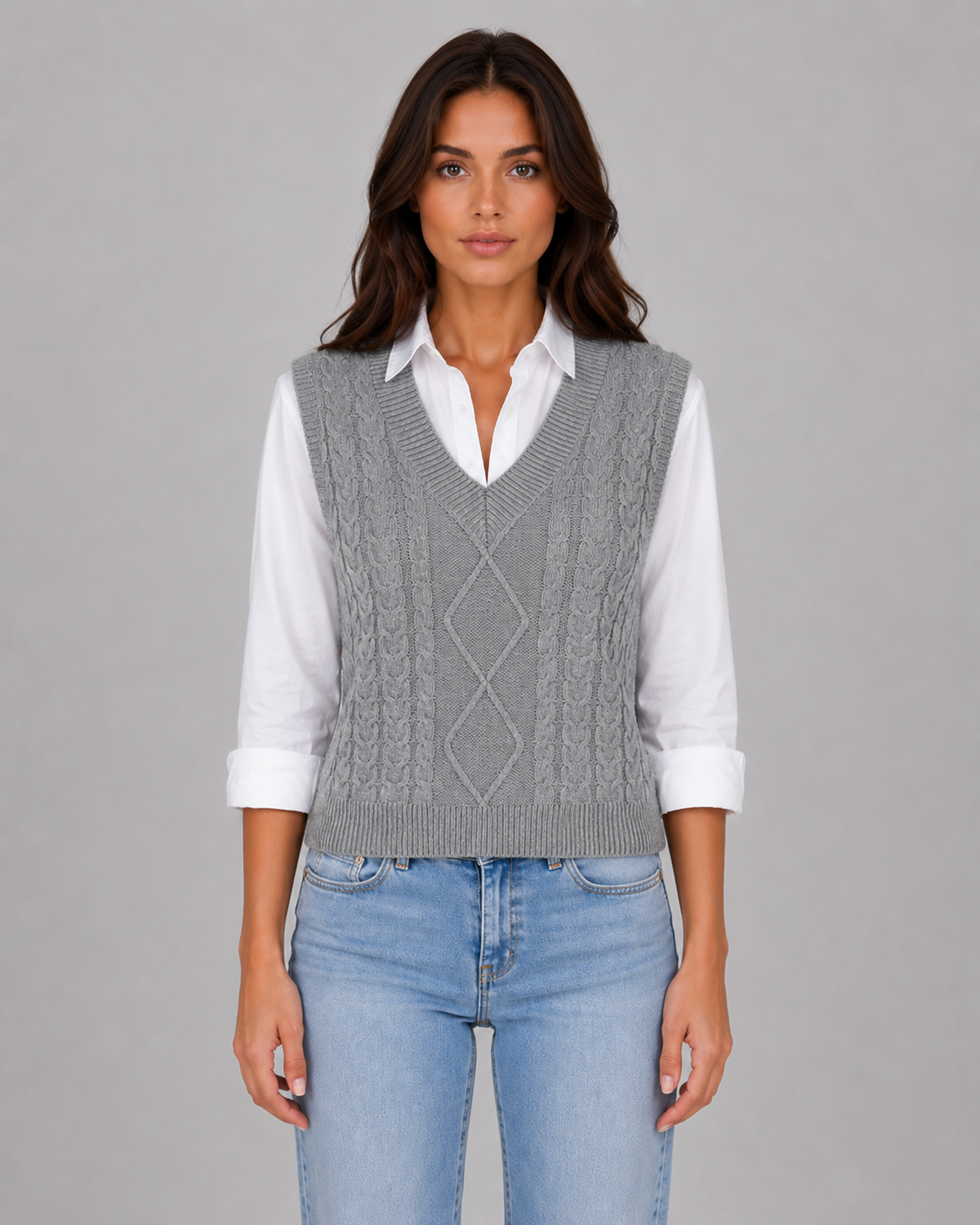 Women's Cable Knit Sweater Vest with V-Neck