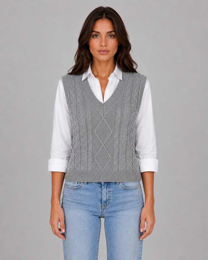 Women's Cable Knit Sweater Vest with V-Neck