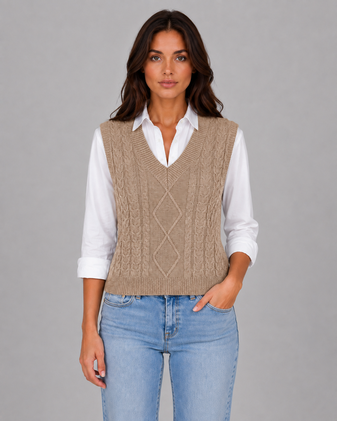 Women's Cable Knit Sweater Vest with V-Neck