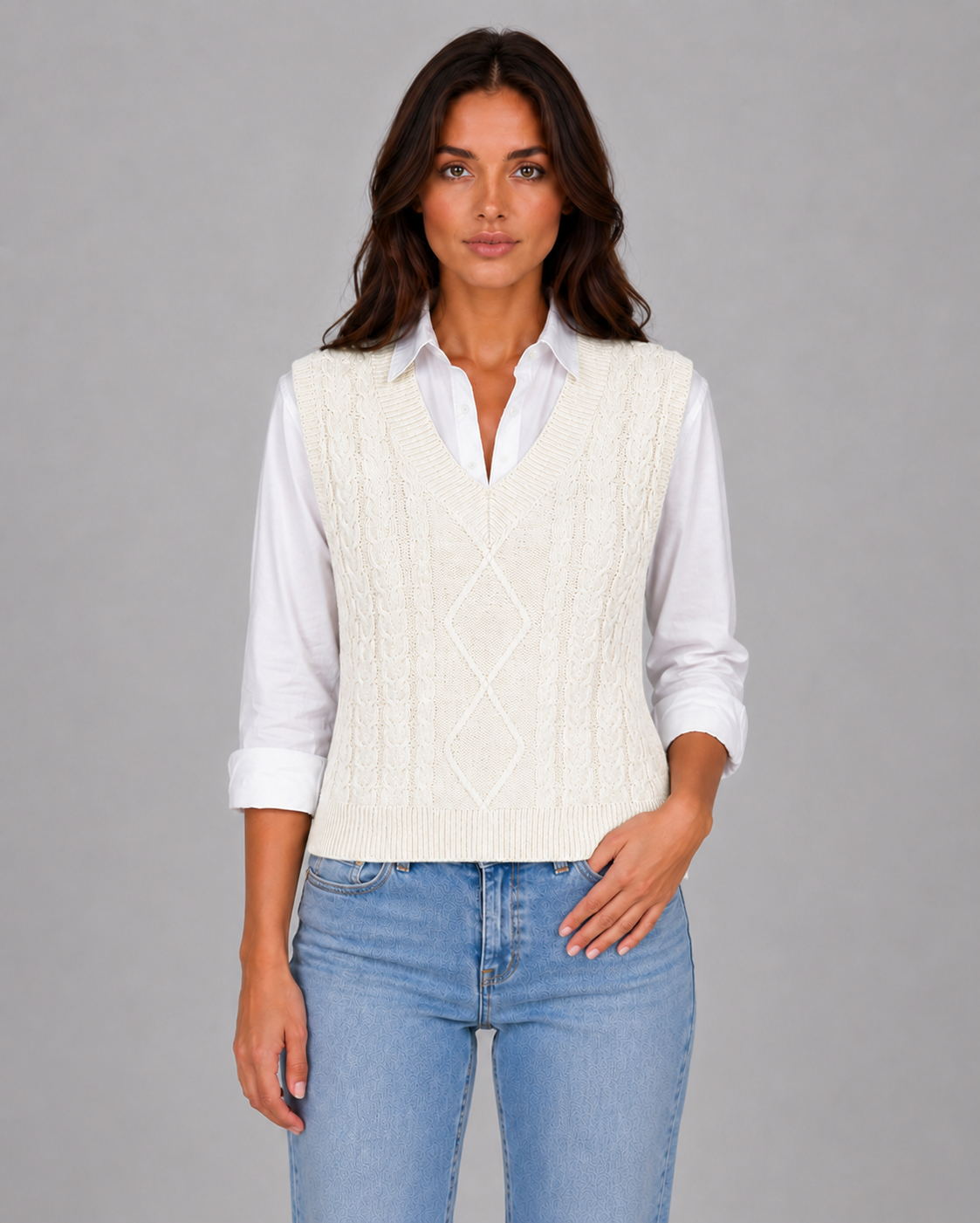 Women's Cable Knit Sweater Vest with V-Neck