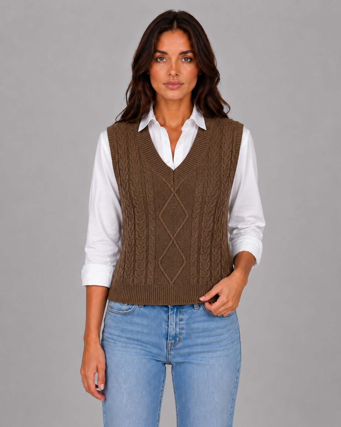 Women's Cable Knit Sweater Vest with V-Neck