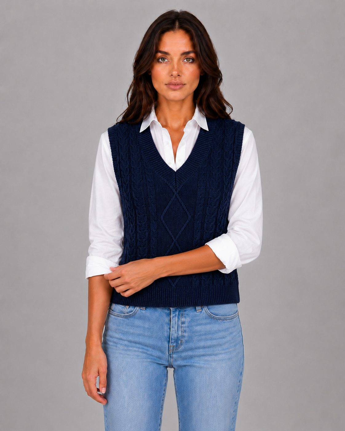 Women's Cable Knit Sweater Vest with V-Neck