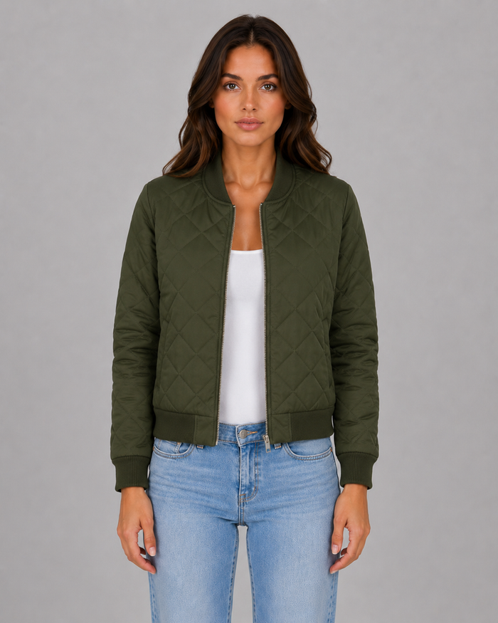 Women's Diamond Quilted Bomber Jacket with Cropped Fit