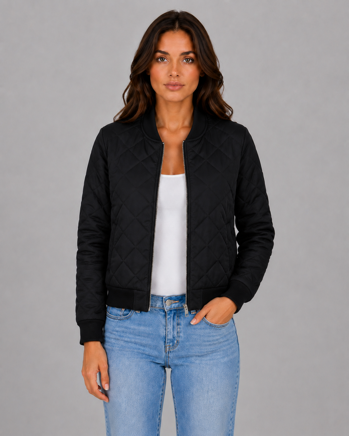 Women's Diamond Quilted Bomber Jacket with Cropped Fit