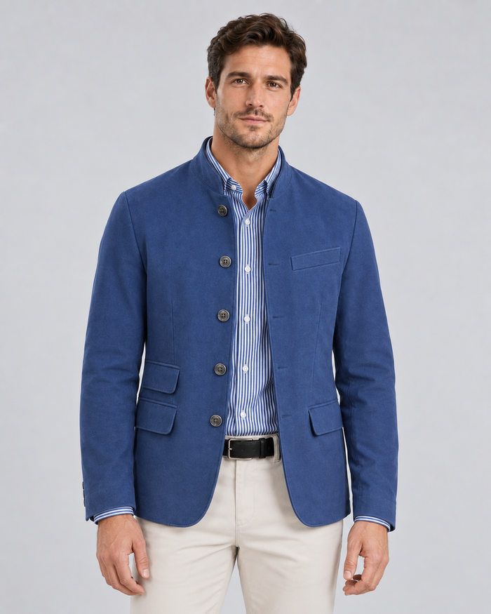 Men's Mandarin Collar Blazer with Button-Up Front