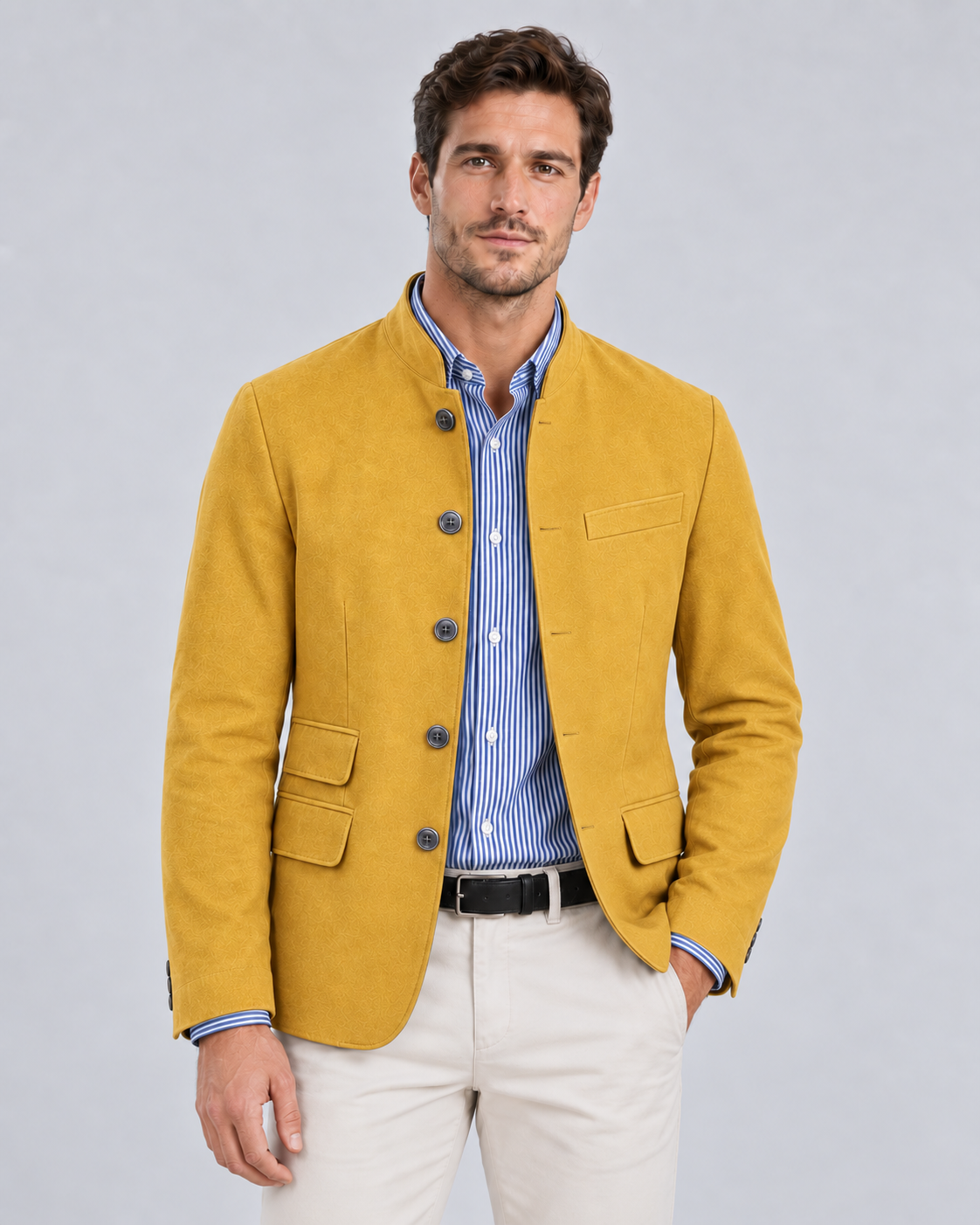Men's Mandarin Collar Blazer with Button-Up Front