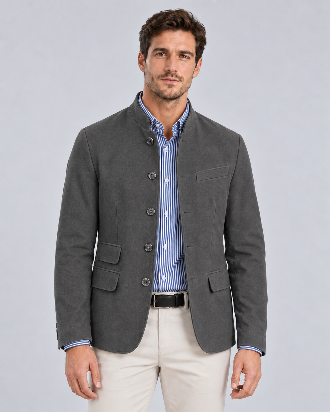 Men's Mandarin Collar Blazer with Button-Up Front