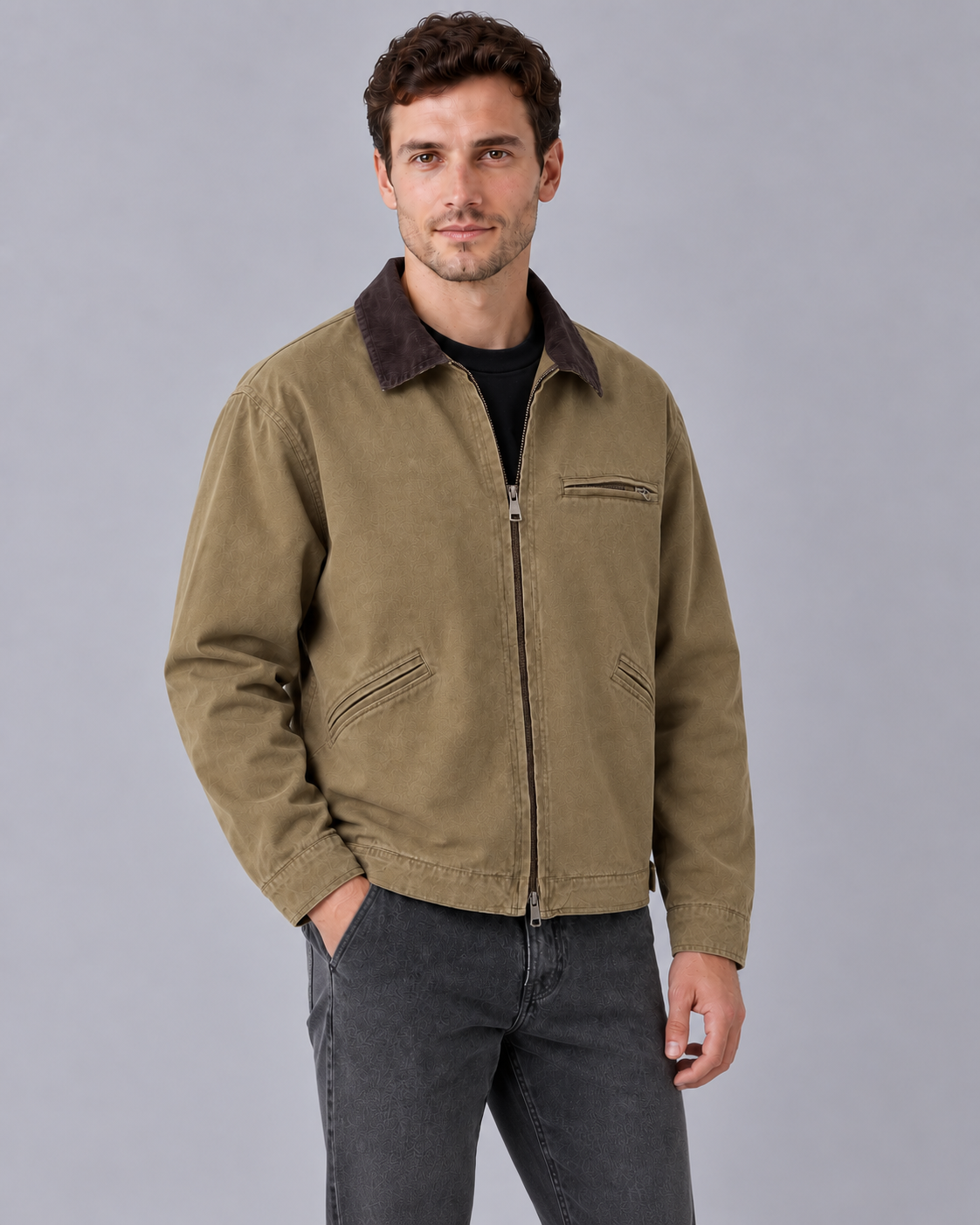 Men's Sturdy Cotton Canvas Barn Jacket with Corduroy Collar