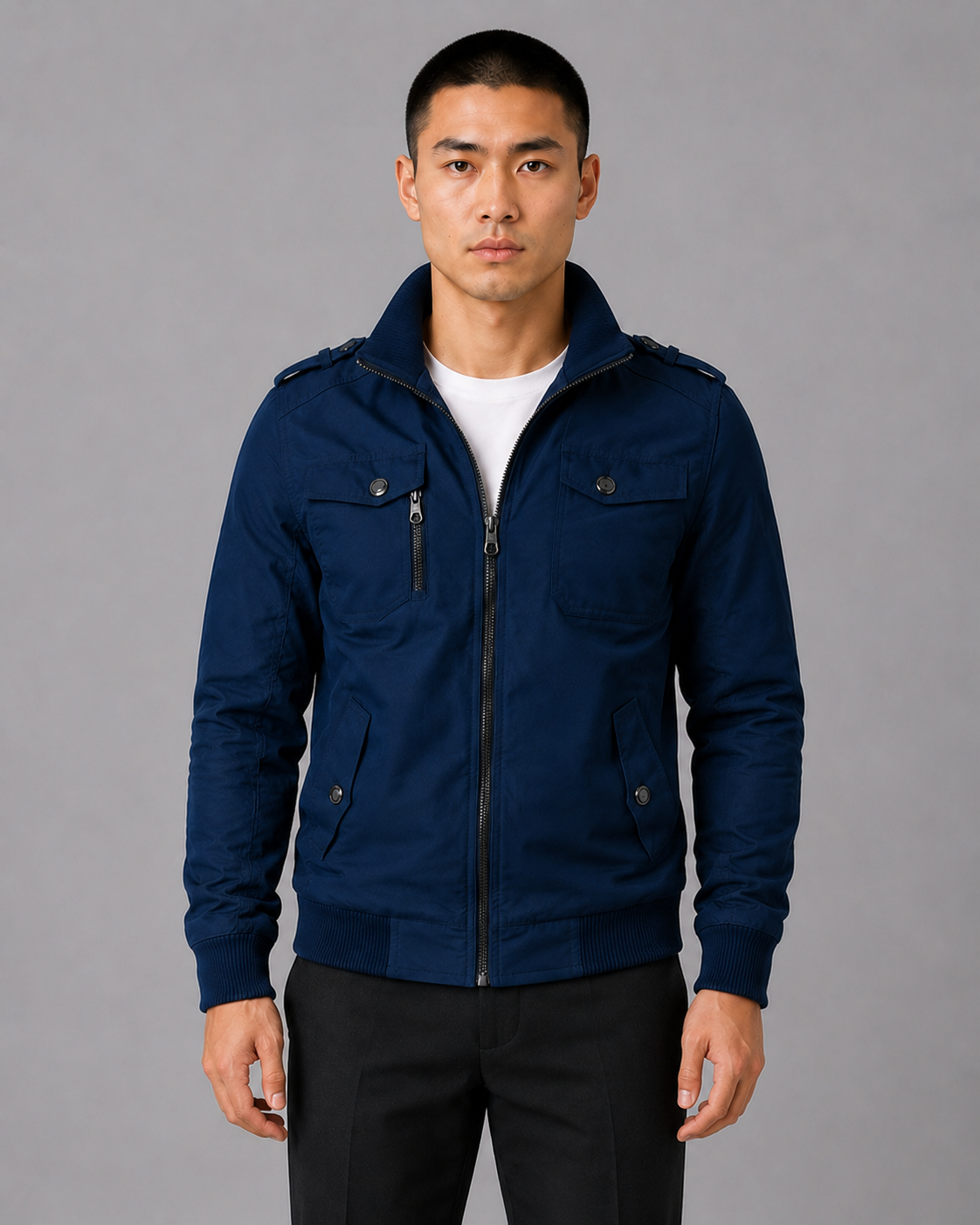 Men's Military-Style Bomber Jacket with Zip-Up Front