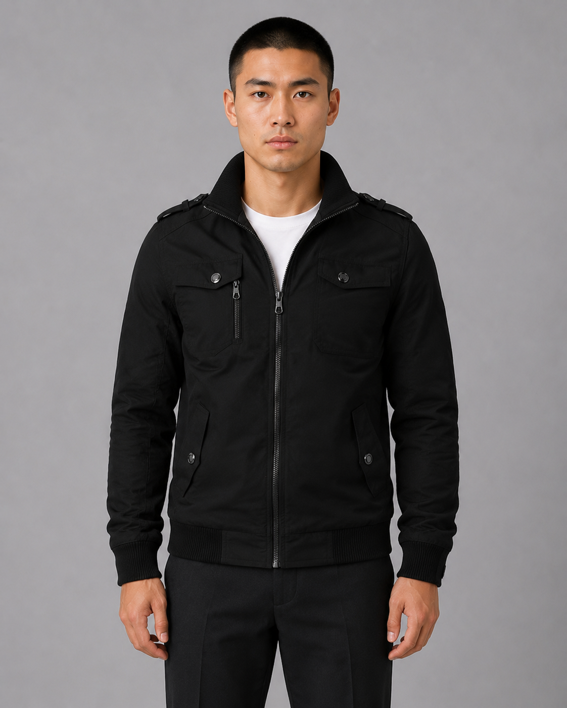 Men's Military-Style Bomber Jacket with Zip-Up Front
