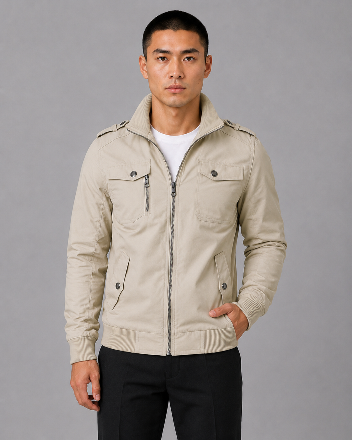 Men's Military-Style Bomber Jacket with Zip-Up Front