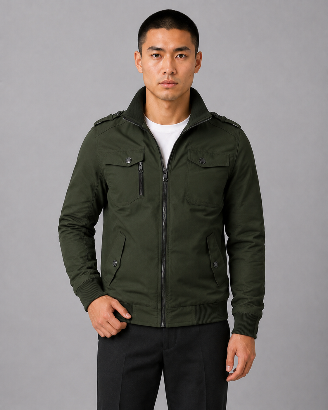 Men's Military-Style Bomber Jacket with Zip-Up Front