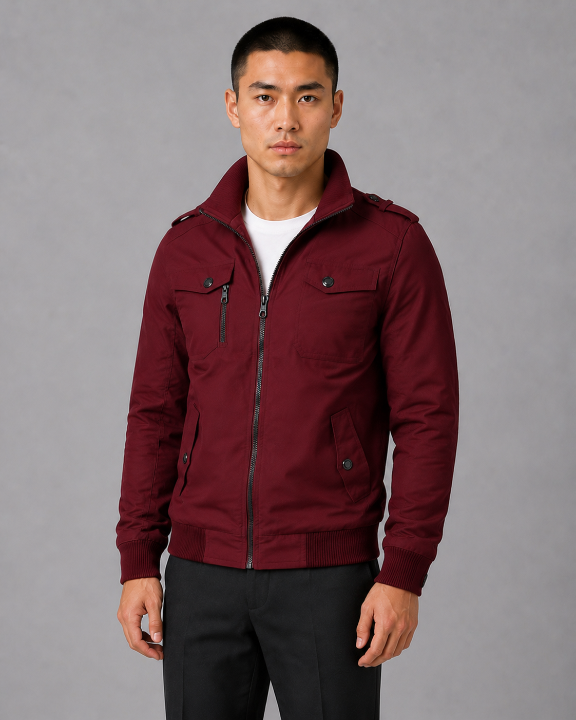 Men's Military-Style Bomber Jacket with Zip-Up Front