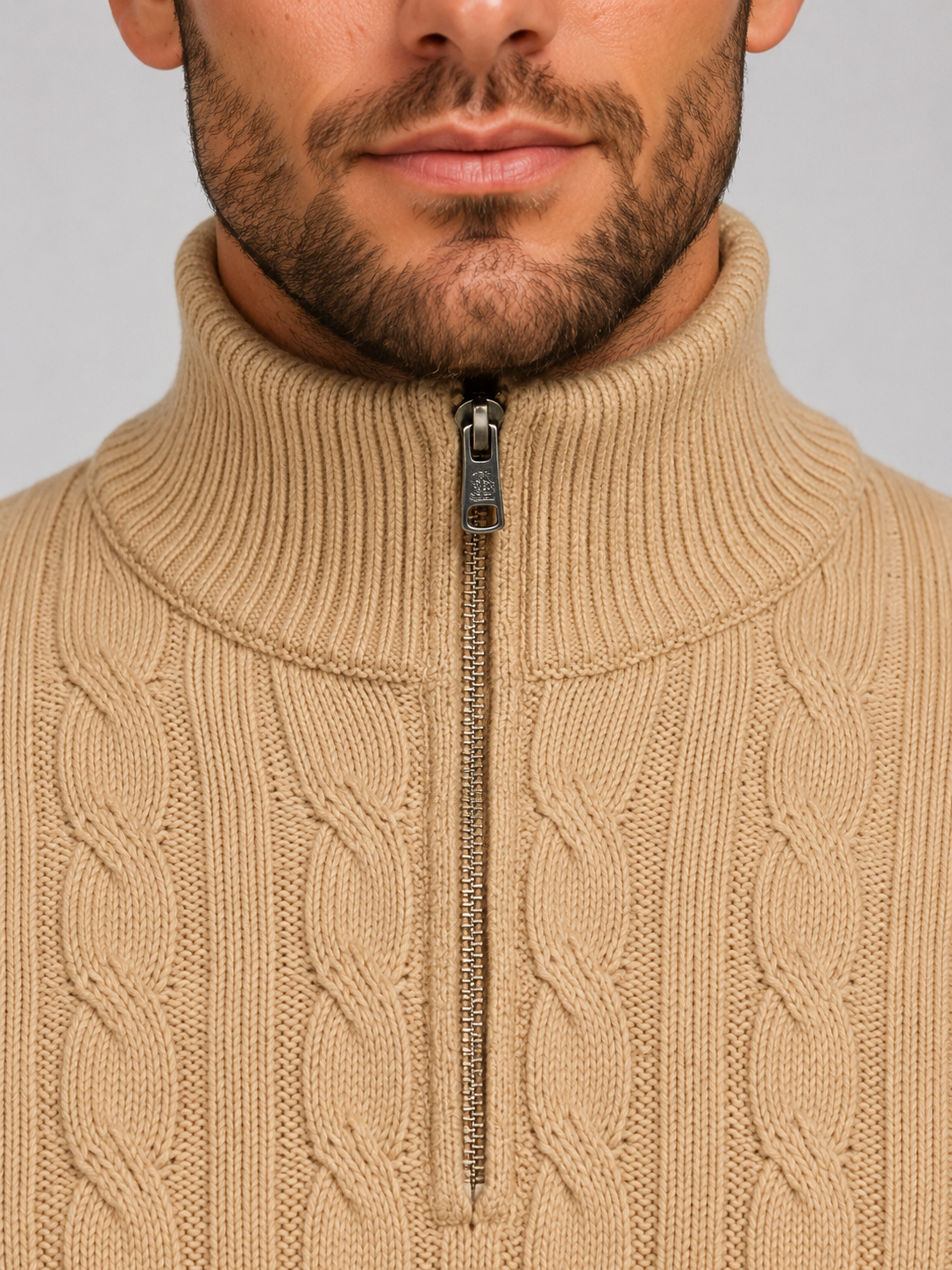 Men's Cable Knit Jumper with Quarter-Zip Collar