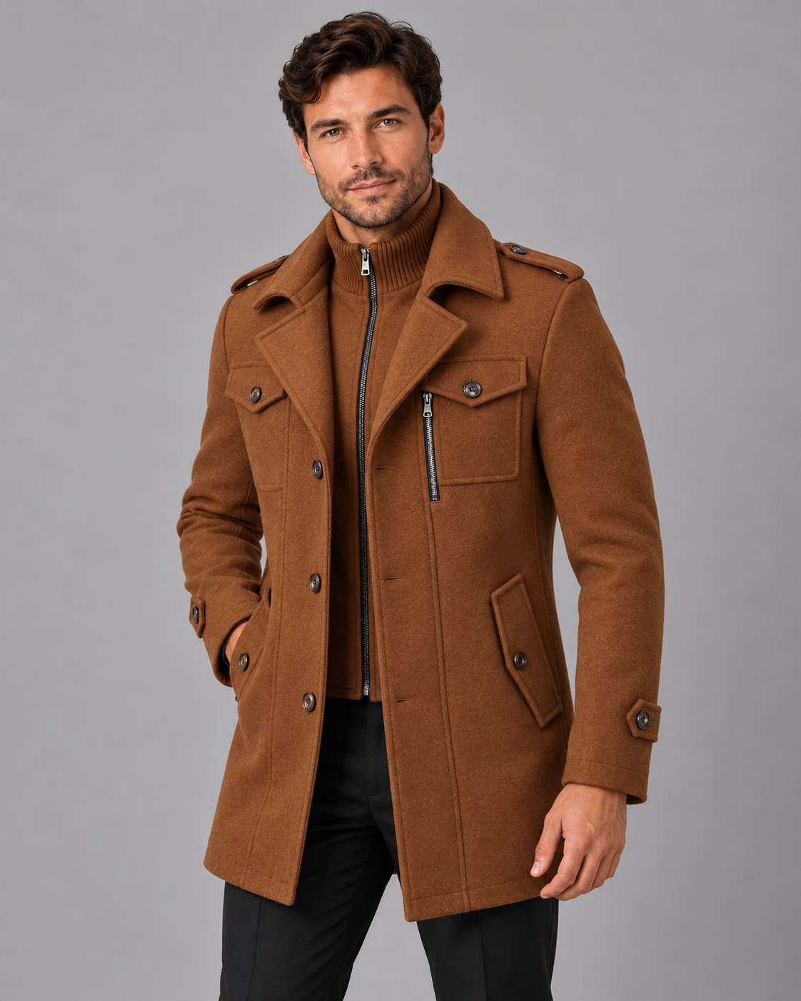 Men's Wool Overcoat | Smart-Casual Military Style with Detachable Bib