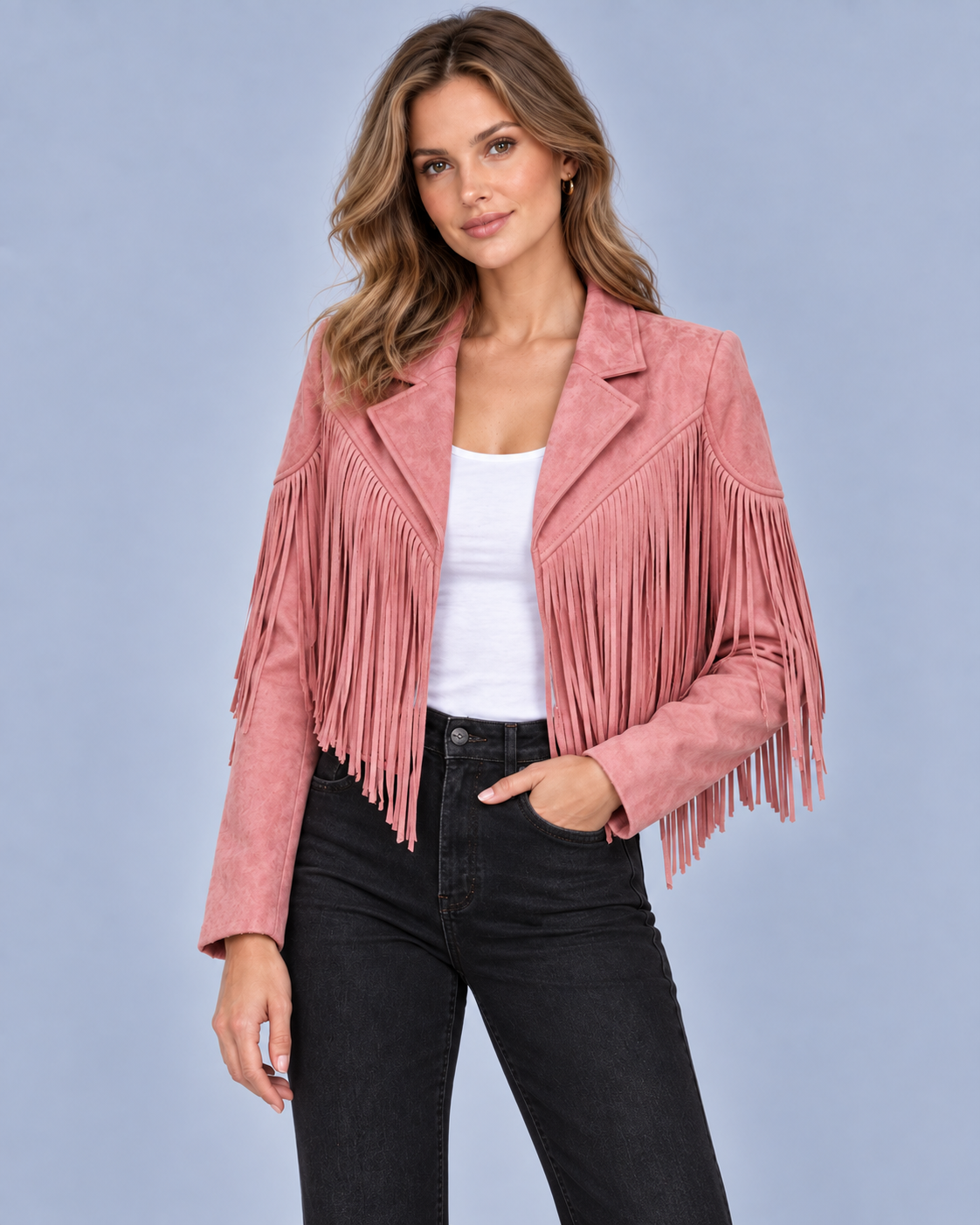 Women's Soft Suede Cropped Biker Jacket | Stylish Fringe Detail