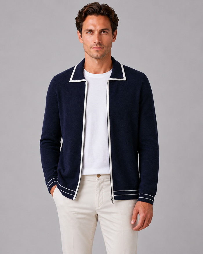Two-Tone 100% Wool Knit Polo Cardigan