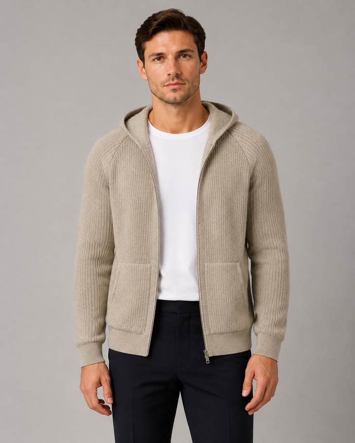 100% Cashmere Rib Knit Zip Hoodie