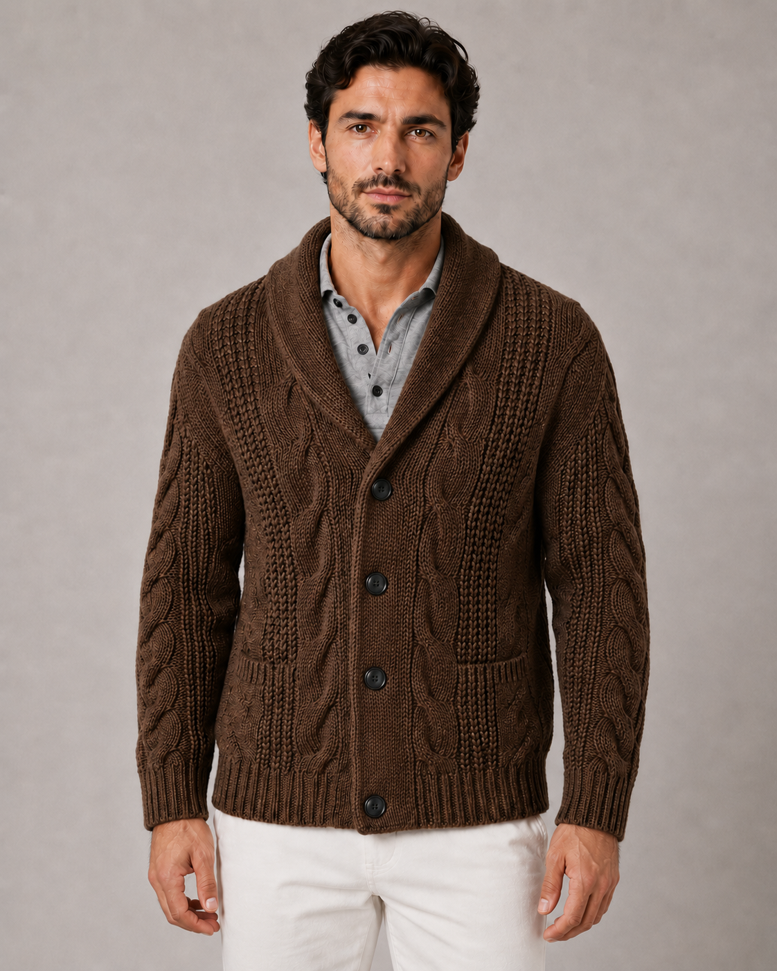 Men's Shawl Collar Cable Knit Cardigan