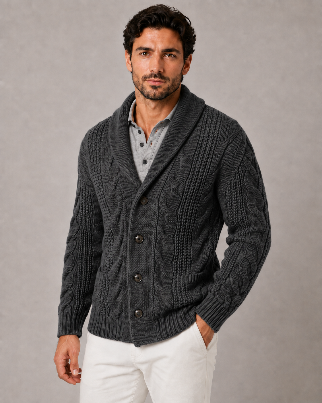 Men's Shawl Collar Cable Knit Cardigan