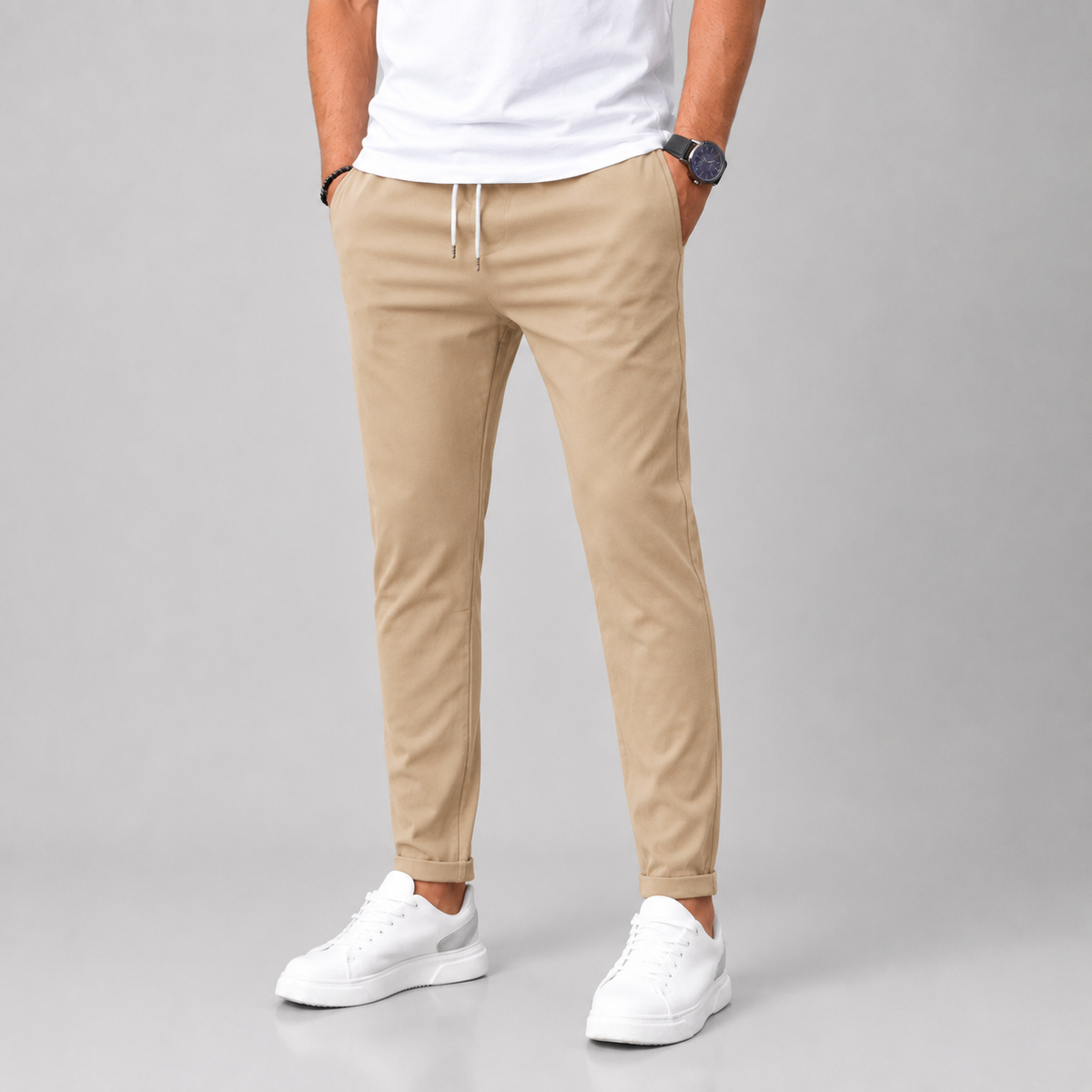 Men's Slim Fit Drawstring Trousers with Tapered Leg