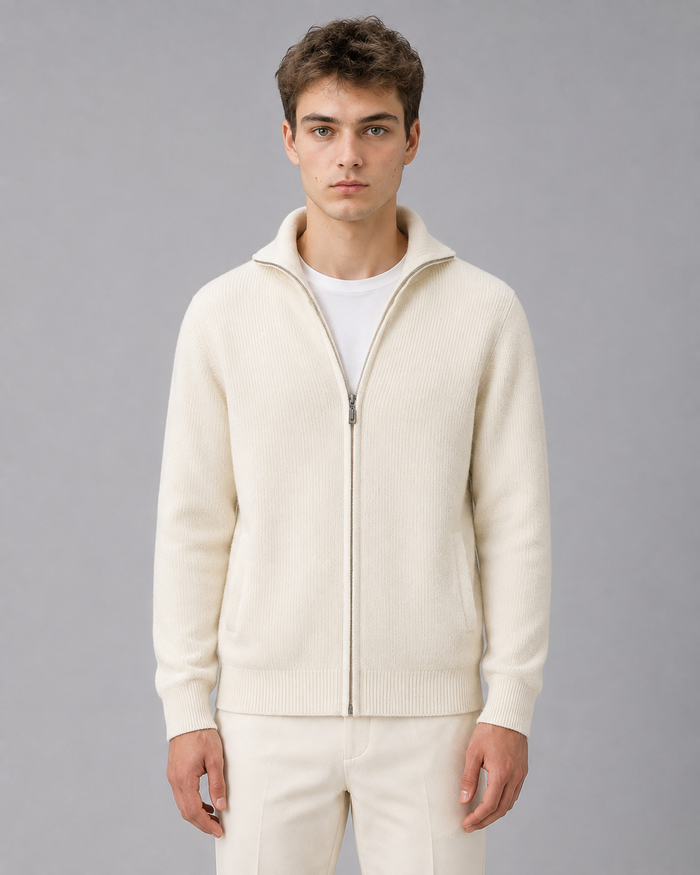 100% Cashmere Rib Knit Zip Cardigan