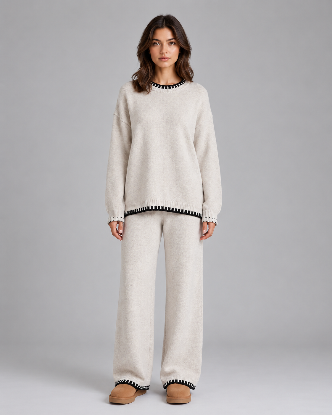 Women's Soft Knit Two-Piece Set with Jumper & Wide-Leg Trousers