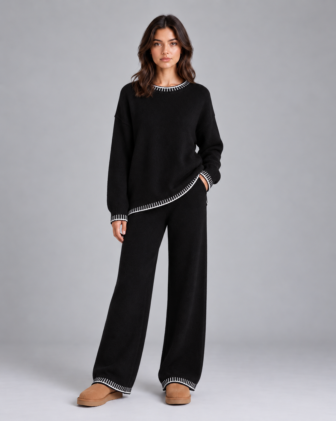Women's Soft Knit Two-Piece Set with Jumper & Wide-Leg Trousers