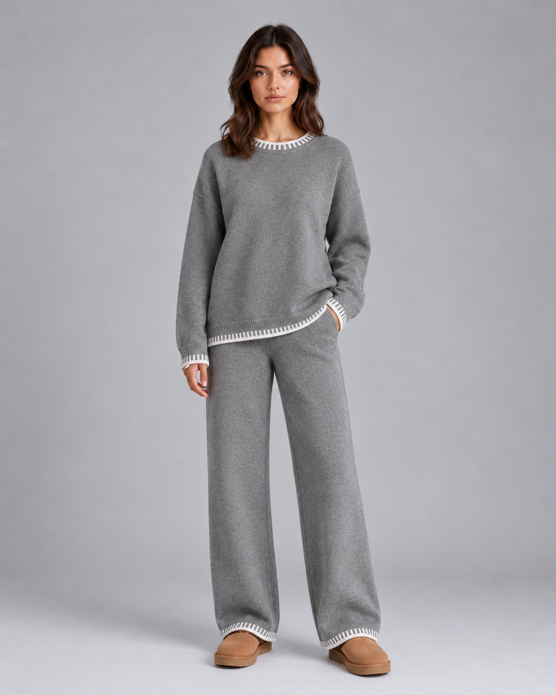 Women's Soft Knit Two-Piece Set with Jumper & Wide-Leg Trousers