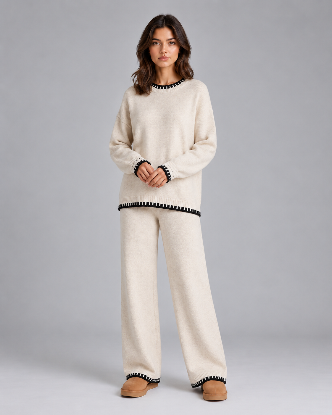 Women's Soft Knit Two-Piece Set with Jumper & Wide-Leg Trousers