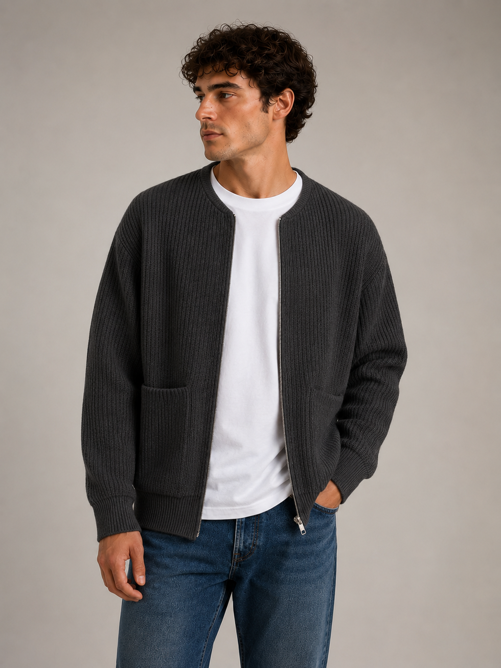 Ribbed Zip Knit Cardigan Men