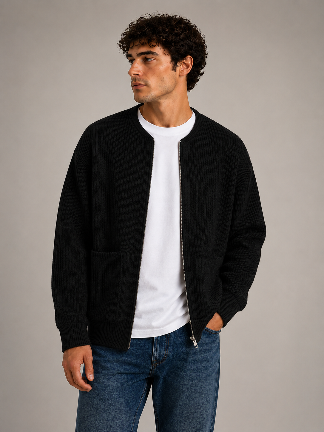 Ribbed Zip Knit Cardigan Men