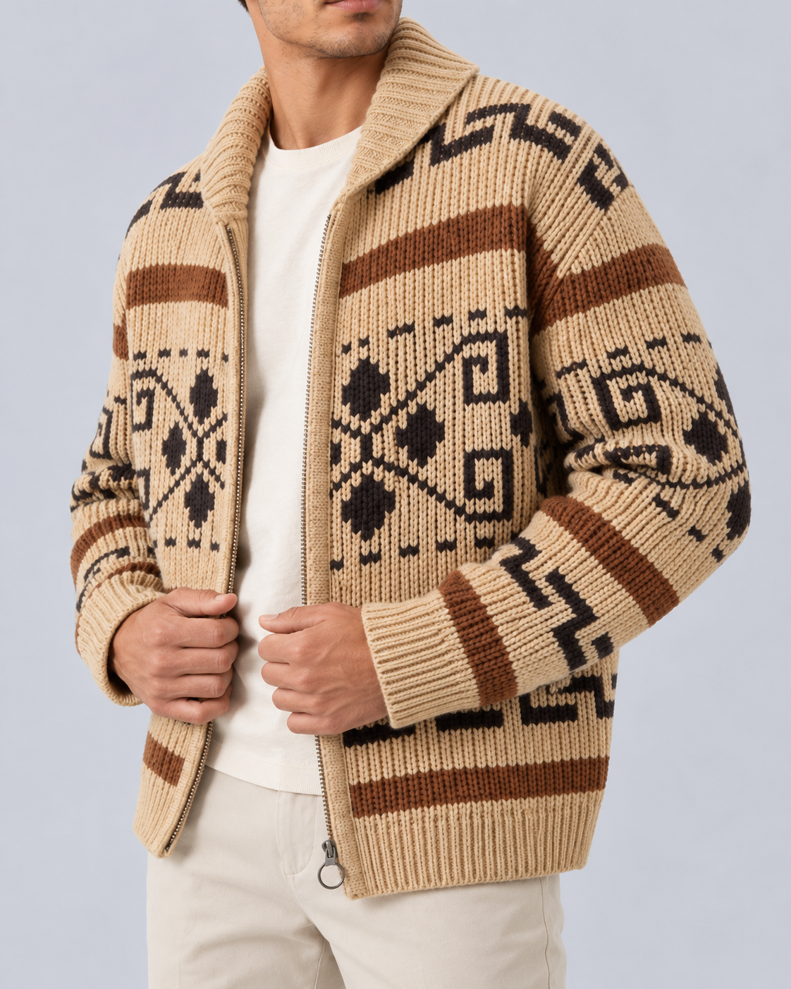 Men's Jacquard Zip Cardigan in Acrylic Knit | Shawl Collar with Geometric Pattern
