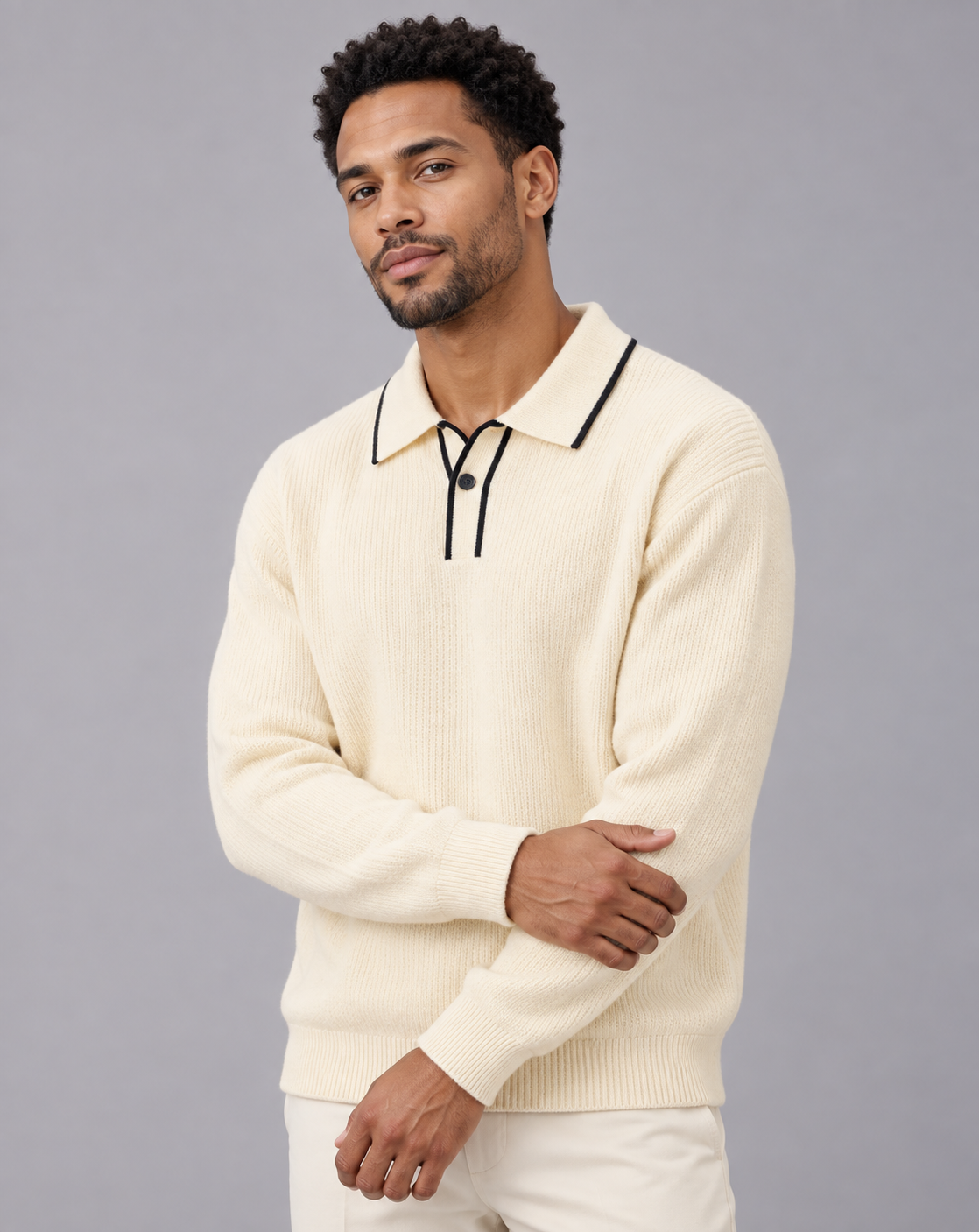 Men's Linen blend Long Sleeve Polo | Knitted Polo Jumper with Contrast-Tipped Collar