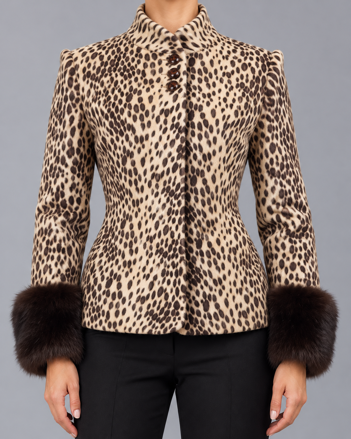 Leopard Print Jacket | Coat with Fur Cuffs and Tailored Fit