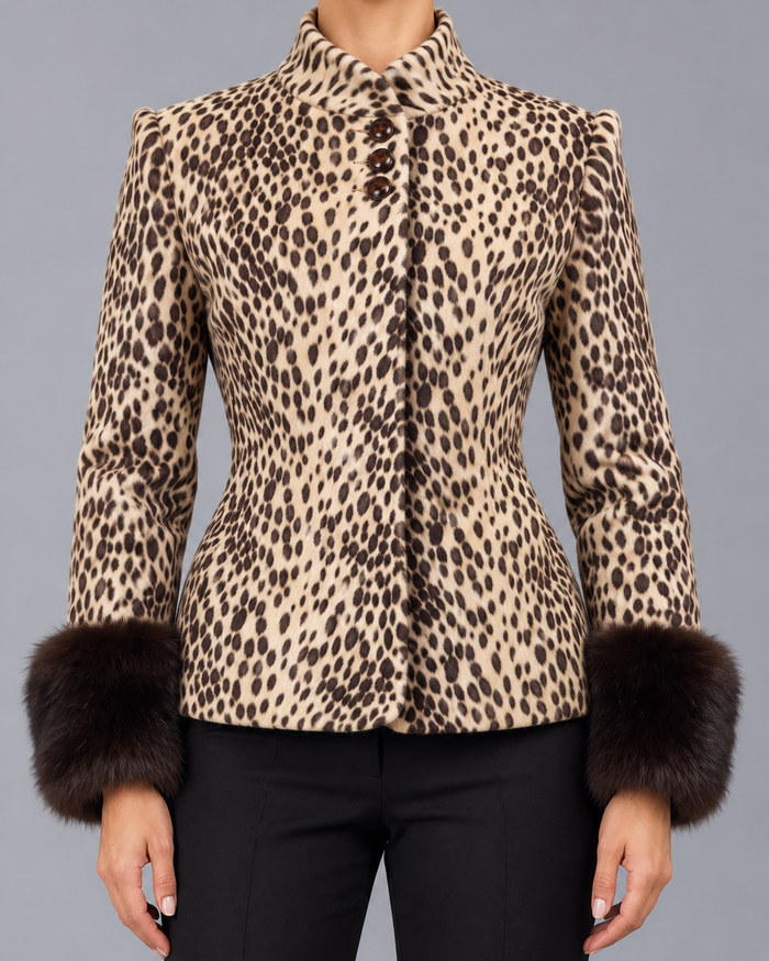 Leopard Print Jacket | Coat with Fur Cuffs and Tailored Fit