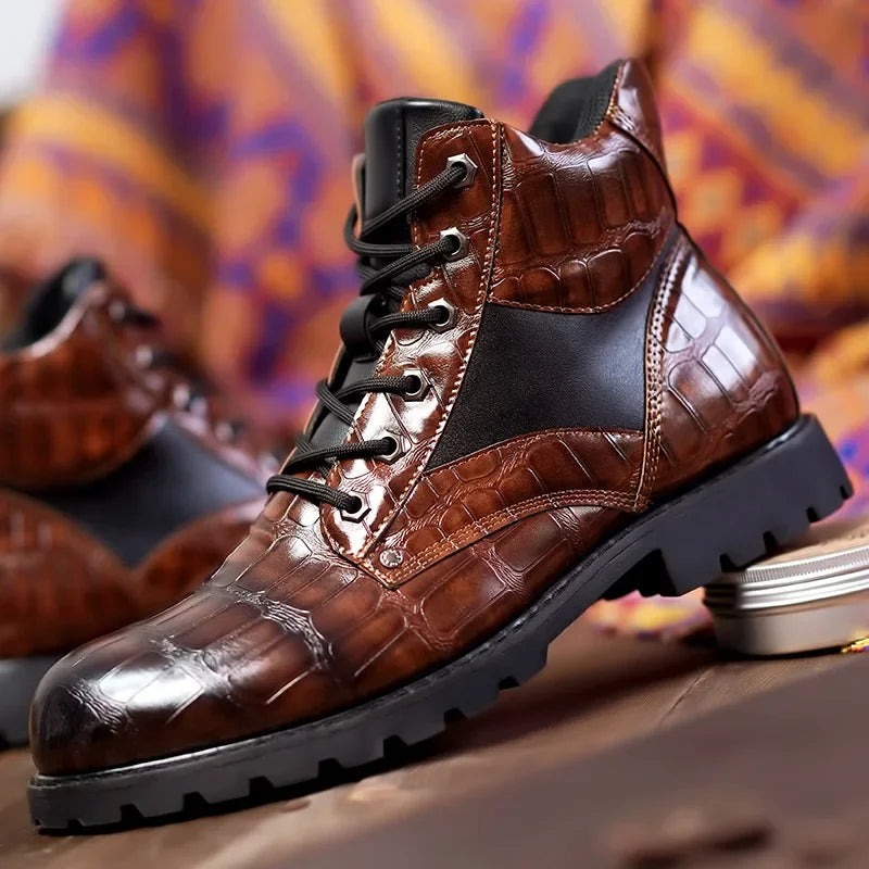 Men's Combat Alligator Embossed Ankle Boots