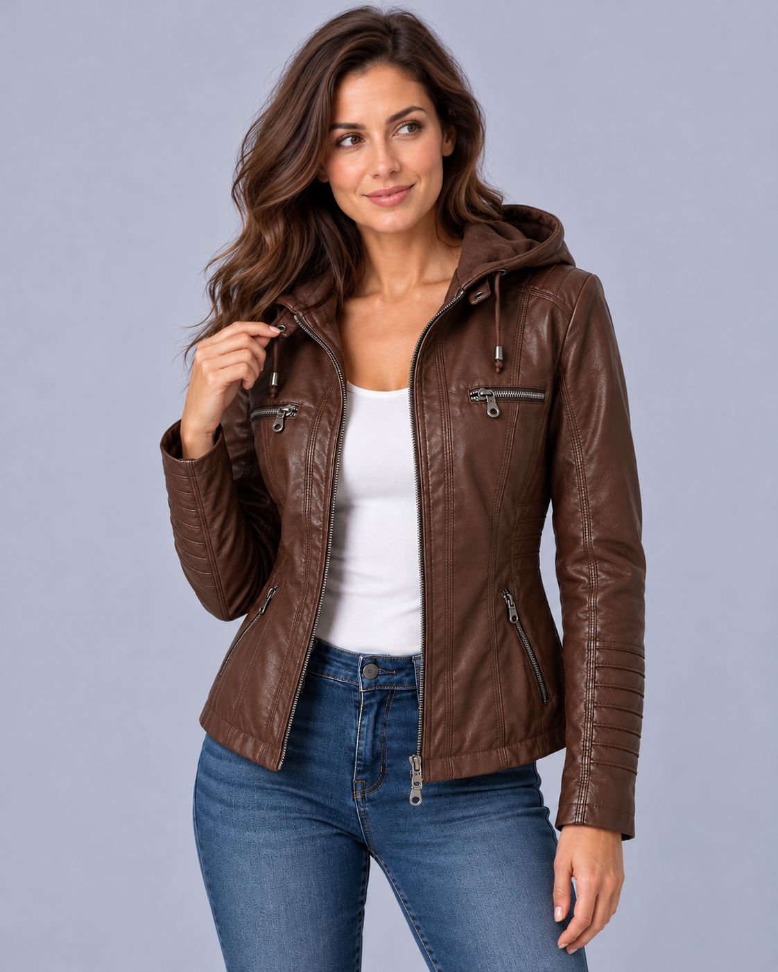 Women's Jacket Leather-Look Hooded Zip Up
