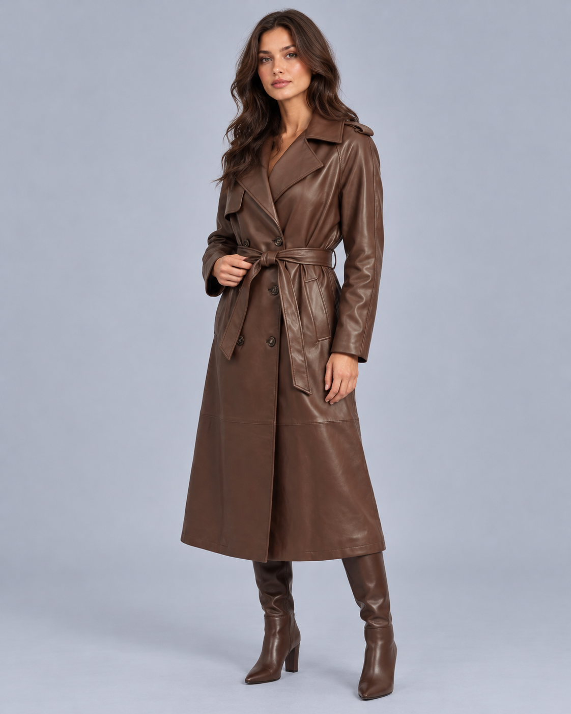 Women's Belted Faux Leather Midi Trench Coat | Long Overcoat