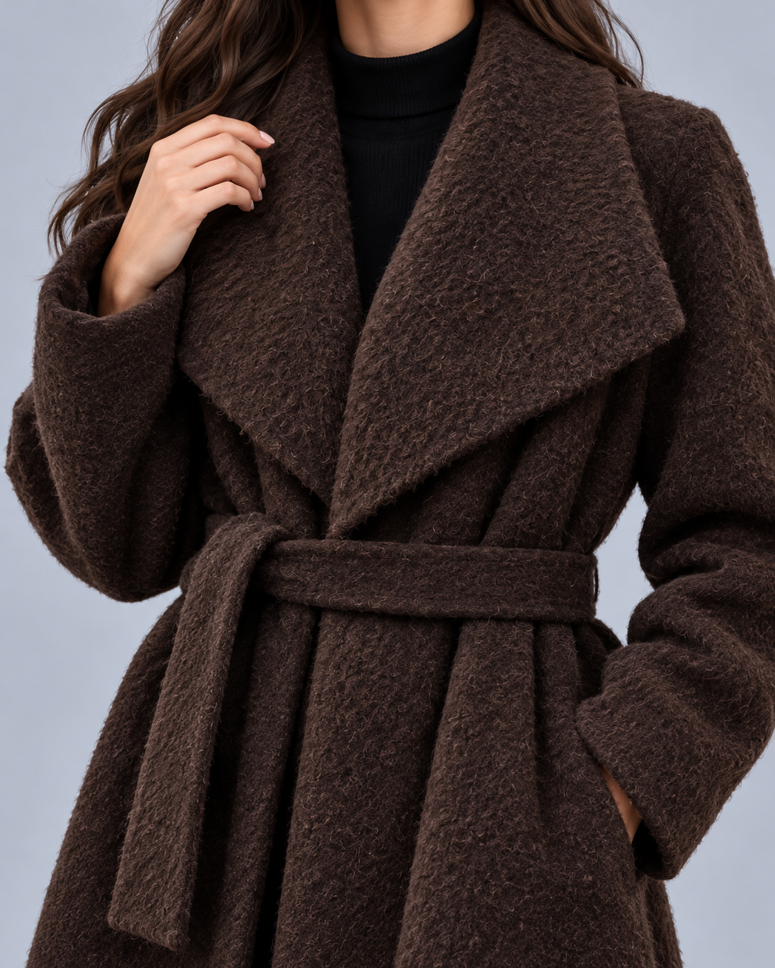 Women's Long Wool Blend Wrap Coat | Oversized Shawl Collar & Belted Waist