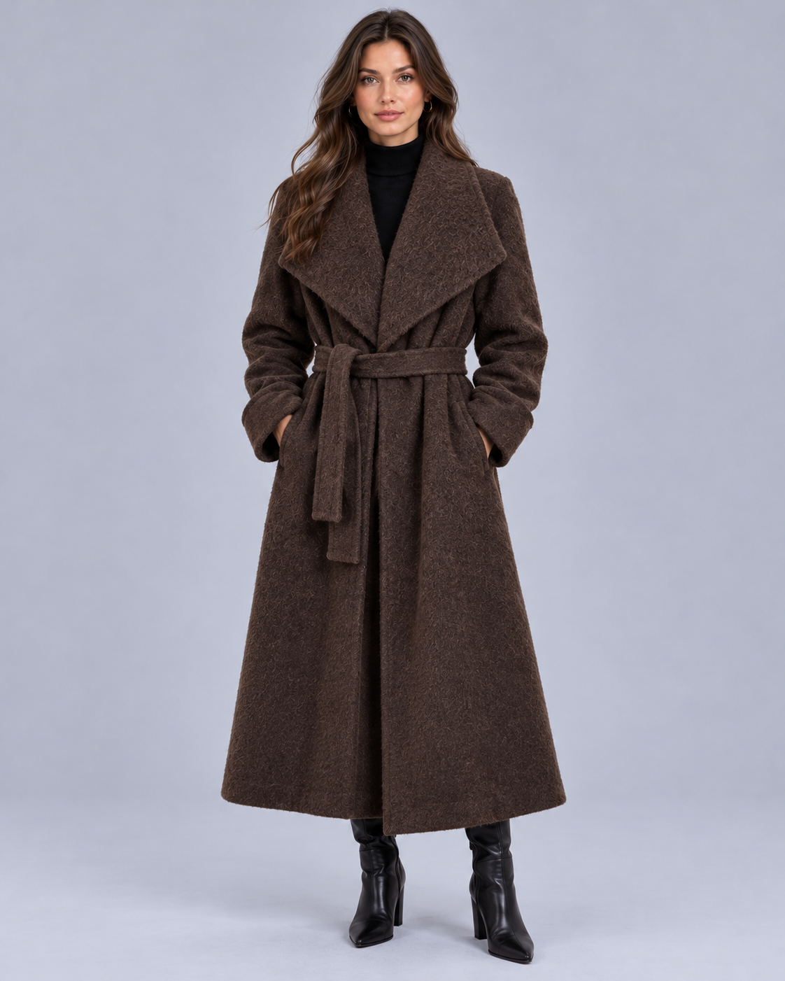 Women's Long Wool Blend Wrap Coat | Oversized Shawl Collar & Belted Waist
